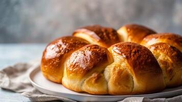 Golden glazed brioche bread on a plate French pastry for a delicious breakfast photo