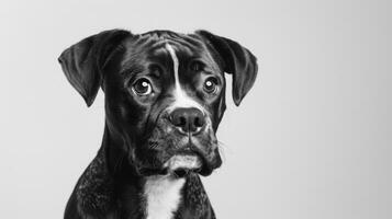 Black and white portrait of a Boxer puppy showing its innocence and curiosity with attentive eyes photo