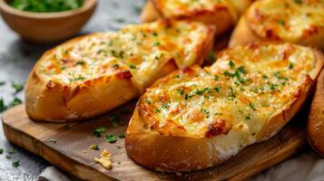 Garlic bread with cheese and parsley baked to a golden delicious finish photo