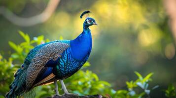 majestuoso pavo real con vistoso plumaje y iridiscente plumas encaramado en naturaleza foto