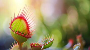 Venus flytrap in close-up showcasing the intricate nature of this carnivorous plant with sharp red edges photo