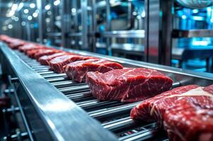 Raw steaks on a conveyer system in an industrial meat processing factory photo