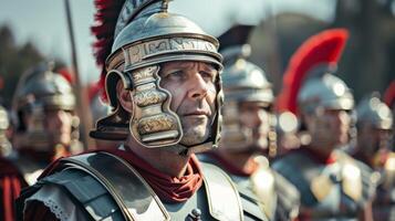 romano legionario soldado en histórico casco y rojo con penacho armadura foto