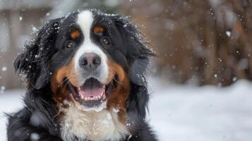 Joyful Bernese Mountain Dog enjoys snow in a winter outdoor setting photo