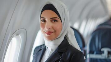 vuelo asistente en hijab sonrisas profesionalmente en aeronave cabina uniforme mientras Proporcionar Servicio foto