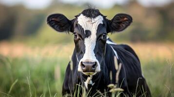 vaca disparo a la cabeza en un sereno campo con un calma mirada entre naturaleza y pasto foto