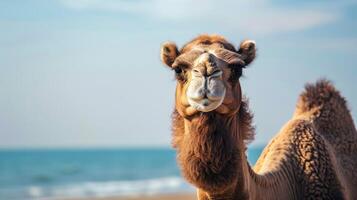 Camel portrait on the beach with bokeh effect showcasing fauna and wildlife in nature photo