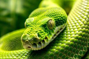 Close-up of a green snake with vibrant scales and reptile texture in nature photo