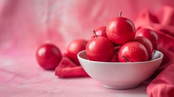 rojo manzanas en un blanco cuenco con rosado tela Proporcionar un vibrante toque a el Fresco y sano Fruta monitor foto