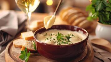 Creamy cheese fondue in a traditional pot with bread for dipping and fresh herbs on a wooden table photo