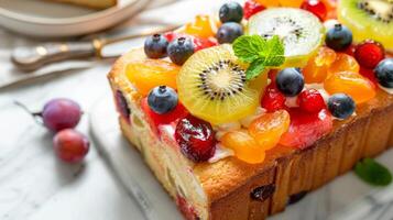 Fruitcake with berries, kiwi, blueberry, mint, and gourmet delight slice photo