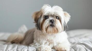 linda shih tzu perro con mullido blanco y marrón piel acostado en un suave cama adentro foto