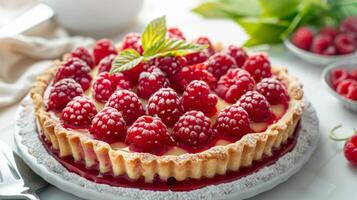 Raspberry tart dessert with sweet pastry crust and fresh fruit garnish photo