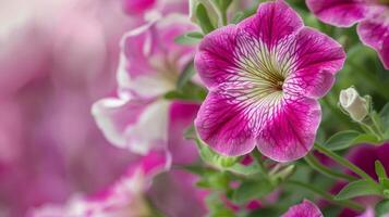 Close-up of pink Petunia flower in bloom with vibrant nature background photo