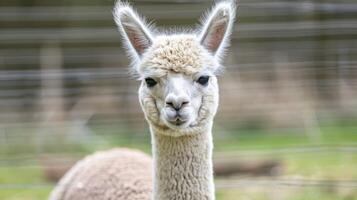 sereno alpaca retrato demostración de la naturaleza amable y curioso fauna silvestre mamífero con un mullido granja apelación foto