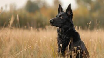 Black Kelpie dog sitting attentively in a golden field during autumn photo