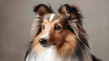 Portrait of a Shetland Sheepdog with furry coat and cute eyes in a studio setting photo