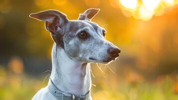 Whippet dog portrait in sunlight with bokeh effect and nature background photo