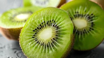 de cerca ver exhibiendo el fresco, verde, comida cualidades de un jugoso y orgánico kiwi Fruta rebanada foto