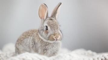 Portrait of a fluffy rabbit with prominent ears and whiskers in a serene setting photo