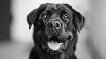 Rottweiler dog portrait showcasing black eyes and a friendly expression in a close-up view photo