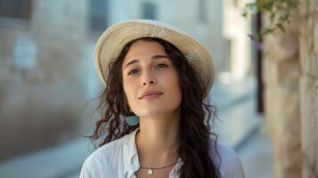 Serene Israeli woman in hat portrays beauty and style on a warm street photo