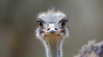 Close-up portrait of an ostrich with a focused gaze and detailed features in a natural habitat photo