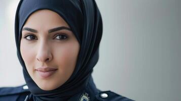 Confident woman in police officer uniform with hijab portrays law enforcement diversity and empowerment photo