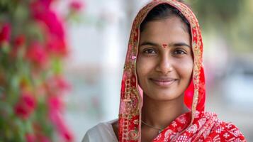 indio mujer con un sonrisa en tradicional rojo sari y joyería retrata cultura y belleza foto