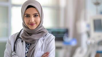 retrato de un confidente veterinario mujer en hijab con estetoscopio a un clínica foto