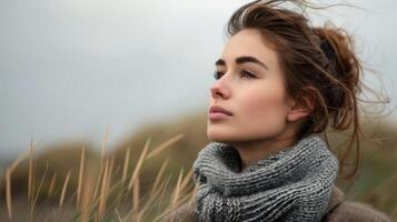 Serene Irish woman in nature portrait with windswept hair and an elegant scarf during autumn photo