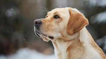 de cerca retrato de un marrón Labrador perdiguero perro en invierno nieve demostración perfil y bigotes foto