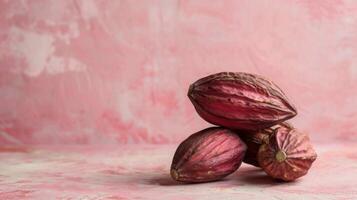 Stacked kola nuts with a textured red and brown seed surface displayed with African traditional roots photo