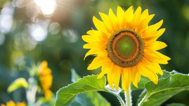 Bright yellow sunflower in full bloom basking in the natural summer sunlight with a serene bokeh background photo