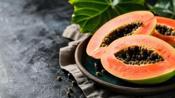 de cerca de reducido a la mitad papaya demostración semillas, pulpa y vibrante tropical Fruta en un plato foto