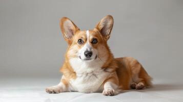 A Pembroke Corgi canine lying attentively in a studio environment photo