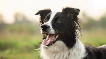 frontera collie retrato demostración un de cerca de un alegre mascota en naturaleza con bokeh antecedentes foto