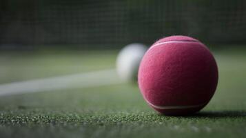 Close-up of a pink squash ball with textured fibers on a synthetic grass court photo