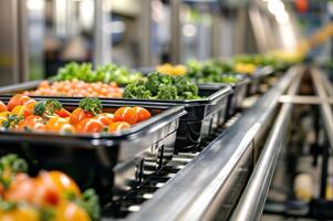 Conveyor belt in industry with tomatoes, broccoli, production, fresh vegetables, and automated packaging photo