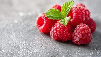 Fresco rojo frambuesas con un verde hoja, exhibiendo sano y dulce bayas en de cerca foto