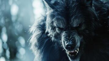 Intense werewolf creature with fangs baring in a dark, mysterious setting photo