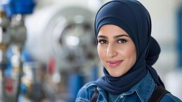 Female plumber in hijab portrays professionalism and confidence with a smile in an industrial setting photo