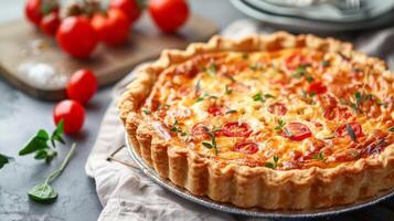 Delicious quiche with tomatoes, basil, cheese, baked crust, and egg on a rustic table photo