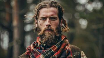 Highlander in traditional tartan plaid with a beard and intense gaze portrait in Scotland photo