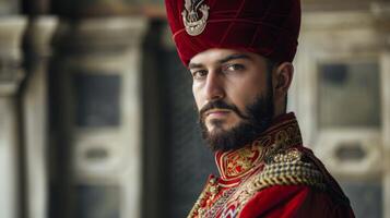 otomano jenízaro en histórico uniforme con tradicional rojo fez y oro bordado foto