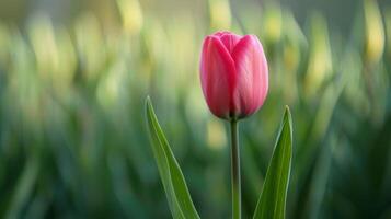 Pink tulip flower blooming in spring with close-up nature petals and garden bokeh photo