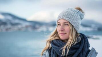 retrato de un mujer en Noruega durante invierno con nieve y escandinavo belleza en el frío rubia calor foto