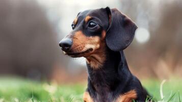 Dachshund dog portrait showcasing animal's pet nature in grass photo