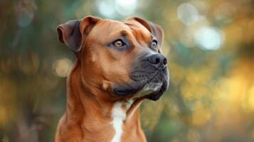 Staffordshire Terrier dog portrait with bokeh, attentive brown pet animal in a domestic setting photo