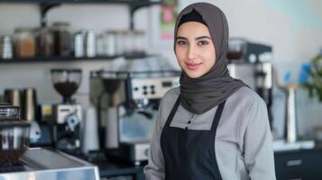 Smiling barista in hijab serving coffee at a modern cafe photo